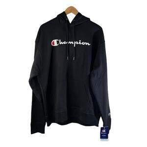 NWT Champion Men's PowerBlend Logo Pullover Hoodie Black Size Large Activewear